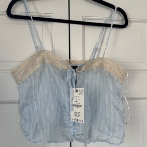 Zara NWT Sheer Blue and Cream Lace top